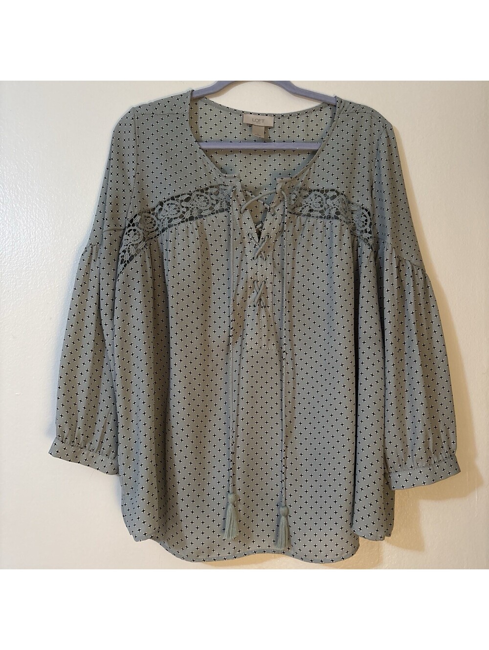 Loft Bishop V-Neck Tassel Long Sleeve Blouse Boho Cutout Lace